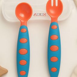 AEREX BPA Free Baby Spoon & Fork Set Cutlery Set | Toddler Spoon and Fork | Kids Cutlery Set with Case | Tableware Self Feeding Kids (Orange & Blue)-18