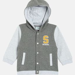 MINI KLUB Cotton Knit Full Sleeves School Text Embroidered Hooded Sweatshirt - Grey-picture-19