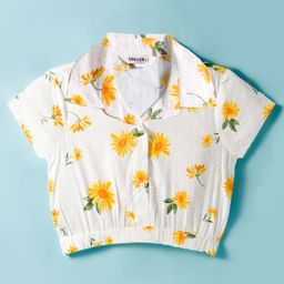 Under Fourteen Only Half Sleeves Floral Printed Swiss Dots Embroidered Shirt Style Crop Top - White-picture-25