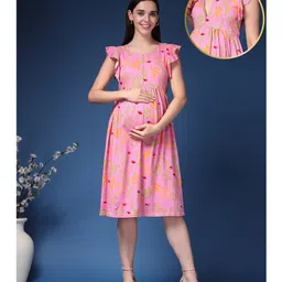 Zelena 95% Cotton 5% Elastane Knit Flutter Sleeves Floral Printed Maternity Dress With Centre Front Nursing Access - Baby Pink-picture-42