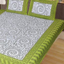 Aura White & Green Printed Pure Cotton 144 TC Queen Bedsheet Set 2.10 m X 2.30 m-image-81