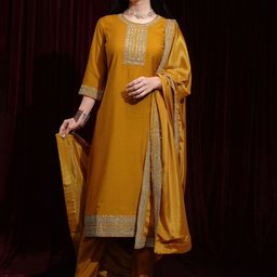Vishudh Floral Embroidered Sequinned Round Neck Straight Kurta with Palazzos & Dupatta-picture-14