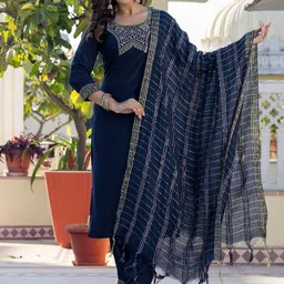 KALINI Woven Design Round Neck Straight Kurta with Trousers And Dupatta-picture-20