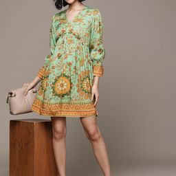 Label Ritu Kumar Floral Print Puff Sleeve Jacquard A-Line Mini Dress-image-71