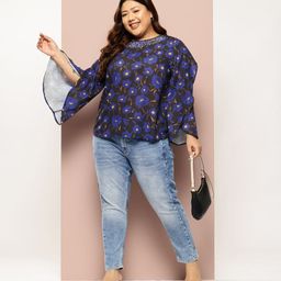 Sztori Plus Size Floral Print Flared Sleeve Studded Top-30