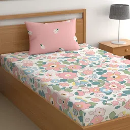 CG HOMES Pink & Blue Floral 180 TC Single Bedsheet with 1 Pillow Covers-image-13