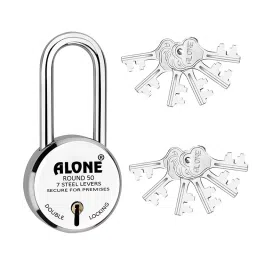 ALONE LOCKS 50 mm Alloy Steel Chrome with 12 Keys Long Shackle Door Padlock, ARLS12_50_1-10