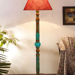 Devansh Pink & Turquoise Blue Frustum Shaped Traditional Wooden Floor Lamp-7