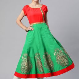 MBE Women Green & Red Colourblocked Block Print Crepe Anarkali Kurta-image-22