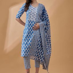 Winza Designer Women Floral Printed Regular Pure Cotton Kurta with Trousers & With Dupatta-image-59