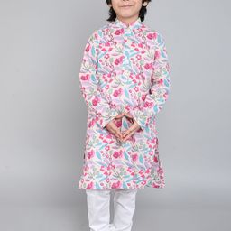 Little Clothings Boys Floral Printed Regular Pure Cotton Kurta with Churidar-picture-10