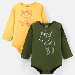 Doodle Poodle 100% Cotton Knit Full Sleeves Deer & Fox Printed Onesies Pack of 2 - Yellow & Green-image-93