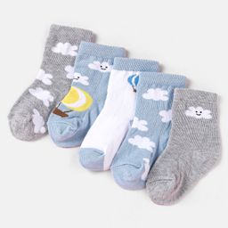 Cute Walk by Babyhug Non Terry Cotton Knit Ankle Length Anti Bacterial Socks Cloud Design Pack of 5 - Grey White & Blue-picture-22