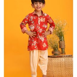 Vastramay Full Sleeves Floral Printed Kurta Patiala - Red Cream-image-80