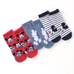 Cute Walk Disney by Babyhug Cotton Knit Ankle Length Anti Bacterial Socks Stripes & Mickey Mouse Design Pack of 3 - Red White & Grey-image-94