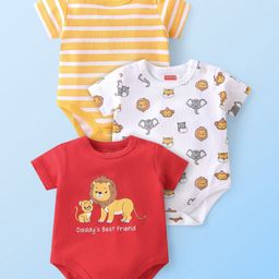 Babyhug 100% Cotton Knit Half Sleeves Onesies Animal Print Pack of 3 - Multicolour-image-88