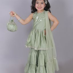 Lil Drama Sleeveless Mirror Work Embroidered Kurta & Sharara With Dupatta - Green-image-34