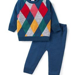 Babyhug Organic Cotton Knit Full Sleeves Sweater Set  with Argyle Design - Navy Blue & Grey-image-76