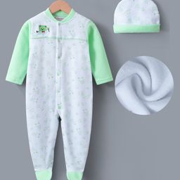 Kookie Kids Full Sleeves Winter Wear Romper & Cap with Teddy Bear Design - Green-image-21