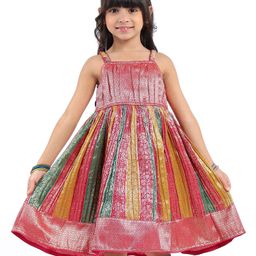 Babyhug Woven Sleeveless Ethnic Dress With Brocade Design - Fuschia-image-13