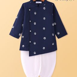 Babyoye 100% Cotton Woven Sleeves Kurta Dhoti Set with Floral Embroidery - Navy Blue-image-36