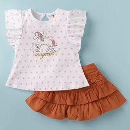 ToffyHouse Cotton Woven Half Frill Sleeves Stars Printed Top & Skirt Set with Bow Applique & Unicorn Embroidery - White & Brown-image-21