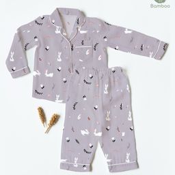 Cocoon Care 100% Bamboo Cotton Muslin Full Sleeves Rabbit Printed Coordinating Night Suit Set - Grey Melange-image-33