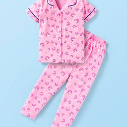 Doreme Single Jersey Knit Full Sleeves Heart Printed Night Suit - Pink-picture-7