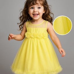 Babyhug Woven Sleeveless Solid Mesh Party Dress With 3D Floral Applique - Light Yellow-image-39