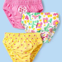 Babyhug Single Jersey Knit Antibacterial PantiesWith Heart & Floral Print Pack Of 3 - Yellow Pink & White-image-32