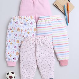 BUMZEE Cotton Knit Full Length Lounge Pants with Stripes Floral & Animal Print Pack of 4 - Pink & White-image-22