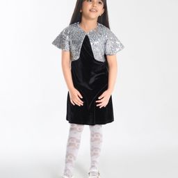 Ministitch Velvet Solid Dress With Half Sleeves Sequins Embellished Shrug Set - Black-image-84