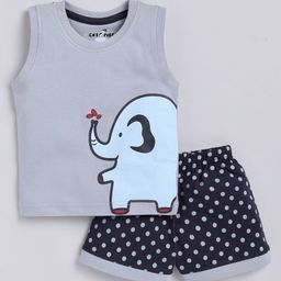 CUTOPIES Cotton Half Sleeves Baby Elephant & Polka Dots Printed Tee & Shorts Set - Grey-picture-20