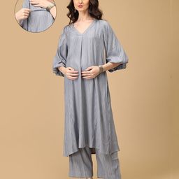 The Mom Store Cotton Rayon Three Fourth Balloon Sleeves Zipper Nursing Access Detailed Abstract Printed Maternity Kurta & Pant Set - Grey-picture-29
