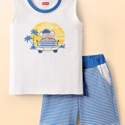 Babyhug Interlock Knit Sleeveless Tank T-Shirt & Striped Shorts Set With Elephant Print - White & Blue-image-46