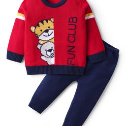 Babyhug Knit Full Sleeves Pullover Sweater Set with Animal Design - Red-image-10