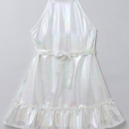 Taffykids Sleeveless Bow Printed Metallic Dress - White & Multi Colour-image-52
