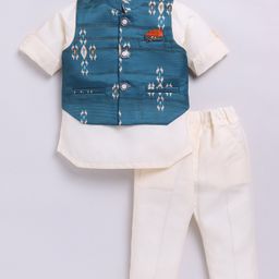 LITTLE COLLARS Blended Full Sleeves Solid Kurta & Pyjama With Ikat Printed Jacket Set - Teal Blue-image-17