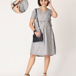 The Mom Store Cotton Half Sleeves Textured Maternity Dress With Nursing Access - Grey-image-73