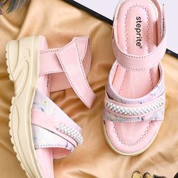Steprite Stones Embellished Abstract Designed Velcro Closure Sandals - Pink-image-59
