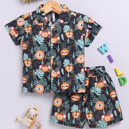 TOONYPORT Cotton Knit Half Sleeves Baby Animals Printed Coordinating Shirt & Shorts Set - Black-image-128