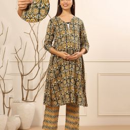 Ikk Kudi by Seerat Cotton Woven Three Fourth Sleeves Floral Printed Maternity Kurta With Nursing Access & Pant Set - Black-image-39