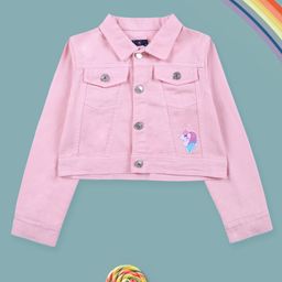 Kiddopanti Denim Woven Full Sleeves Unicorn Patch Embroidered & Sequins Embellished Crop Jacket - Pink-image-47