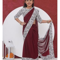 Little Bansi Georgette Woven Mehendi Floral Printed Wrap Around Saree With Three Fourth Sleeves Ready Made Blouse - Maroon-picture-29