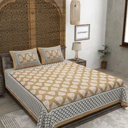 CLOTHOLOGY Mustard & White Ethnic Motifs 180 TC King Bedsheet with 2 Pillow Covers-image-39