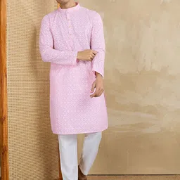 Inddus Floral Embroidered Chikankari Mandarin Collar Straight Kurta With Trousers-image-34