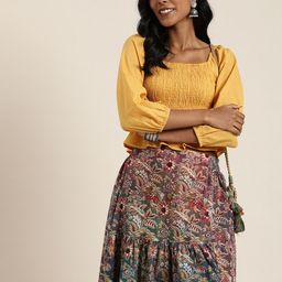 Taavi Women Dabu Cotton Smocked Detail Peplum Top With High-Slit Skirt-11