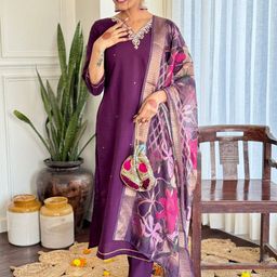 KALINI Women Floral Embroidered Regular Sequinned Chanderi Silk Kurta with Trousers & With Dupatta-15