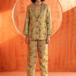 Indethnic Floral Printed Top With Jacket & Trousers-picture-19