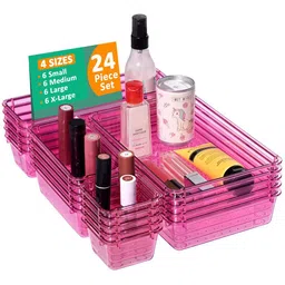 Kuber Industries Pink 24 Pcs Transparent Cosmetic Vanity Makeup Drawer Organisers-18